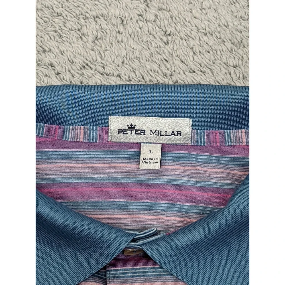 Peter Millar Performance Polo Golf Shirt Blue Pink Stripe Mens Large 100% Cotton